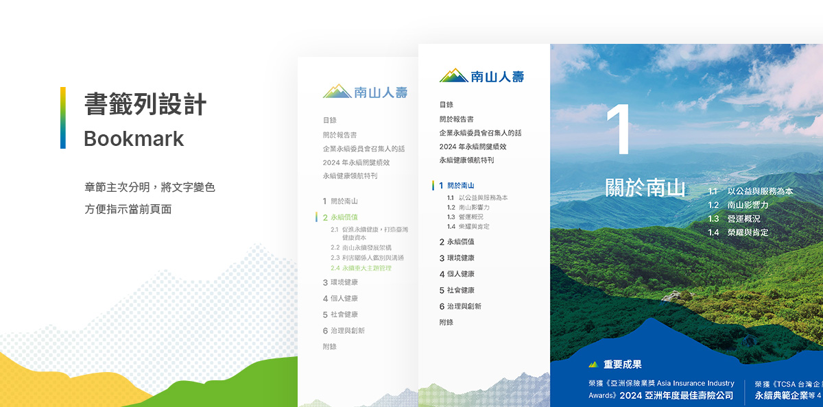 南山人壽 2024 ESG 報告書設計優勢介紹 - 書籤列設計-電腦版