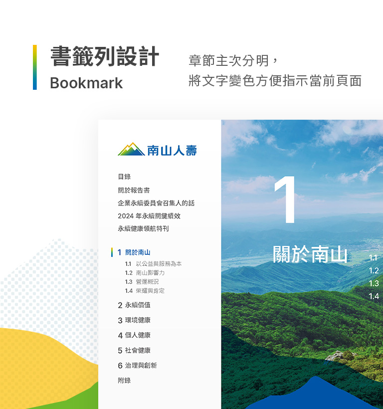 南山人壽 2024 ESG 報告書設計優勢介紹 - 書籤列設計-手機板